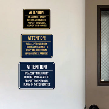 Signs ByLITA Classic Framed Attention! We Accept No Liability For Loss and Damage to Property or Personal Injury On These Premises Door or Wall Sign Easy Installation | Warning Health & Safety | Office & Venues